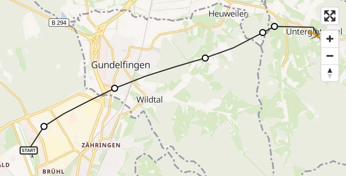 Flugroute Ambulanzhubschrauber Freiburg im Breisgau Flugplatz - Glottertal, 17 Juli 2026, 13:05