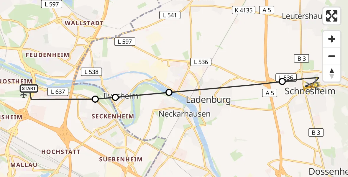 Flugroute Rettungshubschrauber Mannheim-City Flughafen - Schriesheim, 17 Juli 2026, 13:07