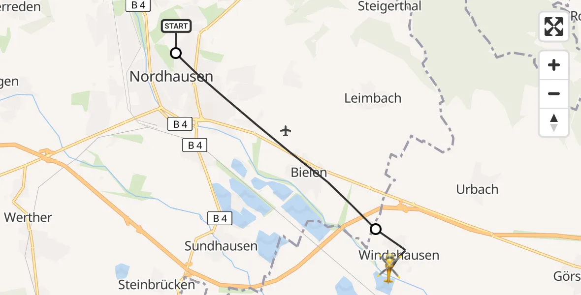 Flugroute Rettungshubschrauber Südharz Hospital Nordhausen - Heringen/Helme, 17 Juli 2026, 13:28
