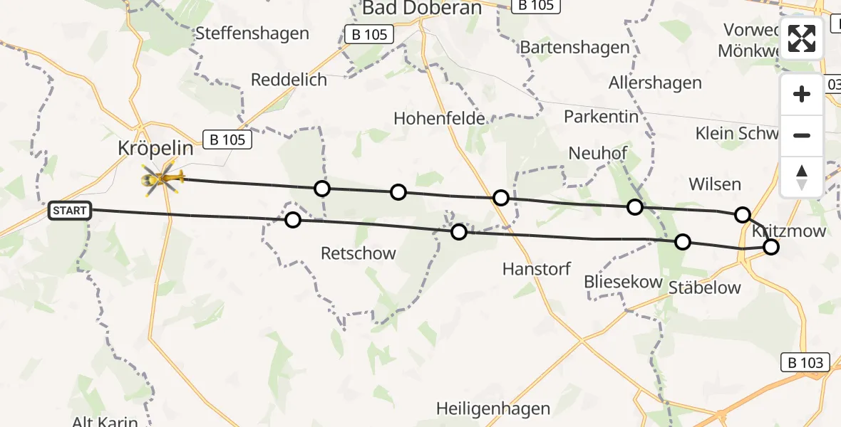 Flugroute Ambulanzhubschrauber Kröpelin - Kröpelin, 17 Juli 2026, 13:30