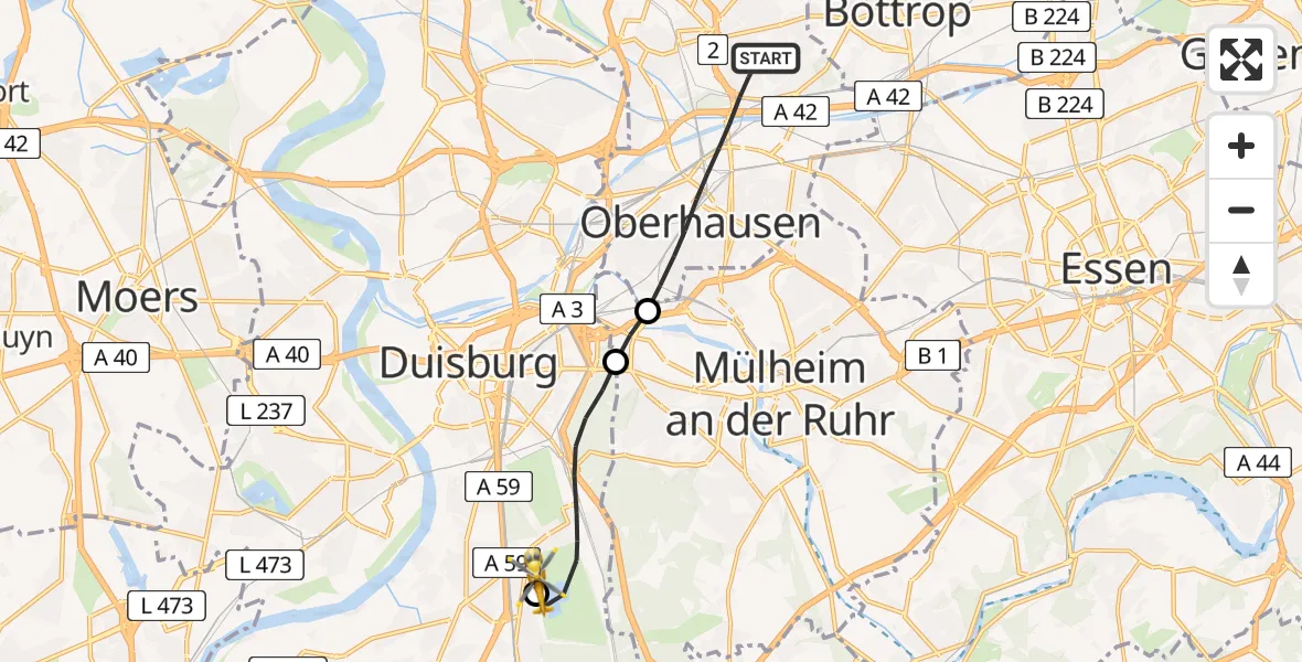 Flugroute Rettungshubschrauber Oberhausen - Duisburg Air Rescue Hubschrauberlandeplatz (Christoph 9), 17 Juli 2026, 13:34