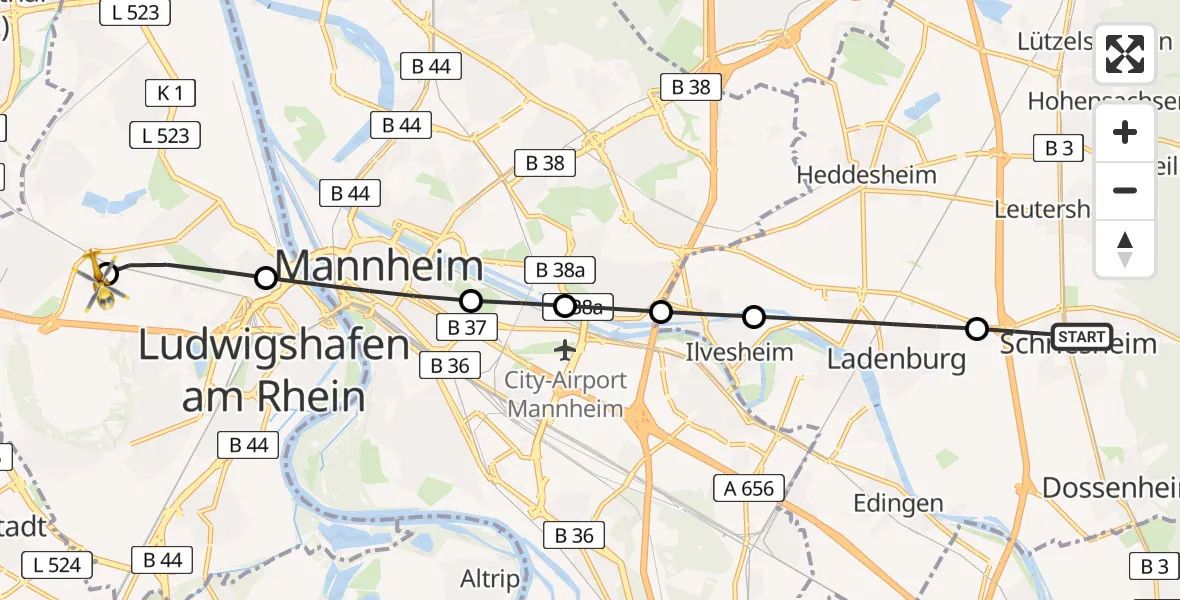Flugroute Rettungshubschrauber Schriesheim - Ludwigshafen Accident Hospital, 17 Juli 2026, 13:38