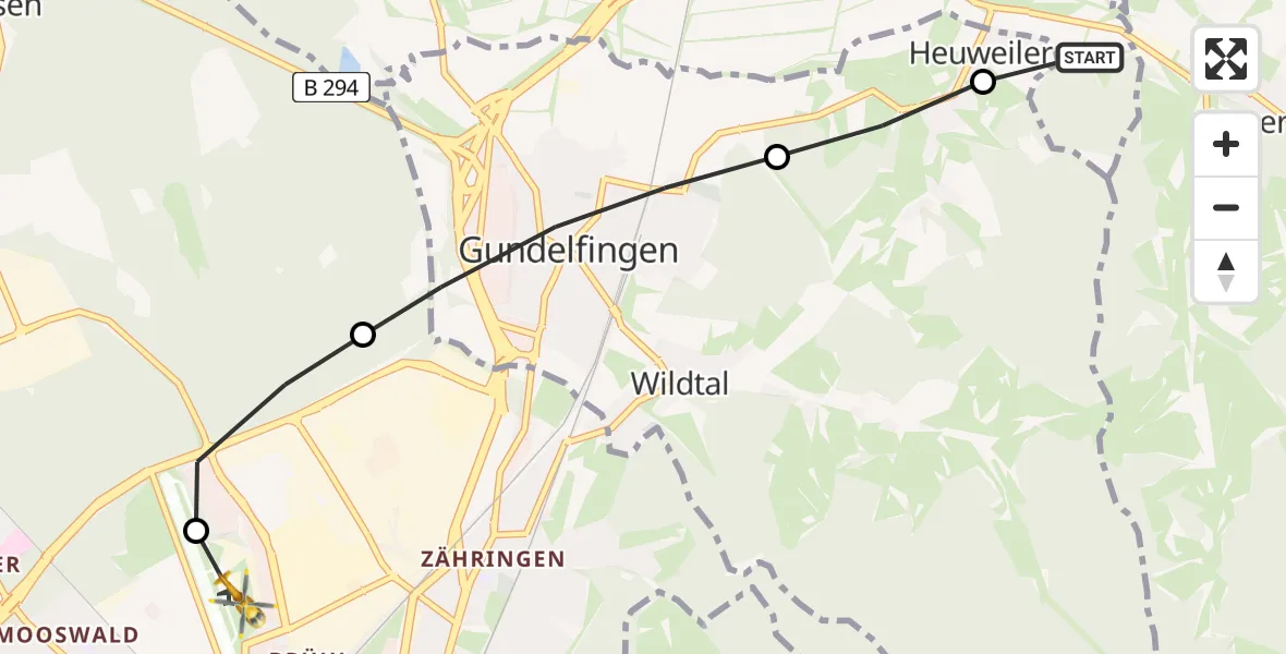 Flugroute Ambulanzhubschrauber Denzlingen - Freiburg im Breisgau Flugplatz, 17 Juli 2026, 13:45