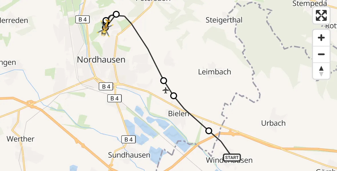 Flugroute Rettungshubschrauber Heringen/Helme - Südharz Hospital Nordhausen, 17 Juli 2026, 13:50