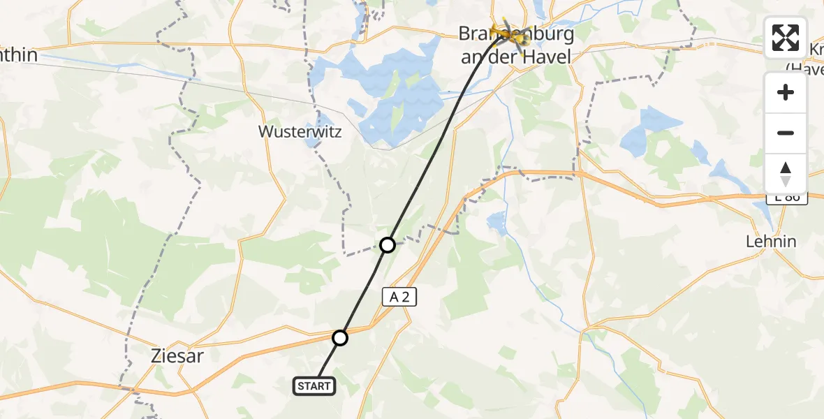 Flugroute Rettungshubschrauber Ziesar - Brandenburg an der Havel, 17 Juli 2026, 13:52