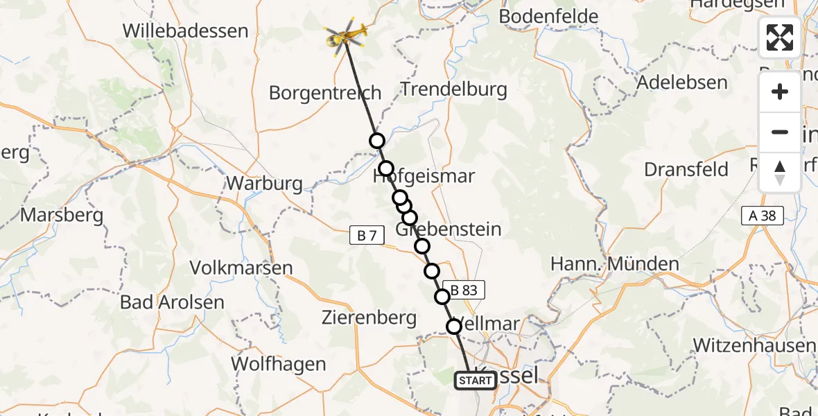 Flugroute Rettungshubschrauber Kassel - Borgentreich, 17 Juli 2026, 13:57