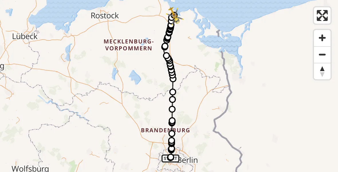 Flugroute Rettungshubschrauber Charité Clinic Virchow Campus - Greifswald Hospital, 17 Juli 2026, 14:03