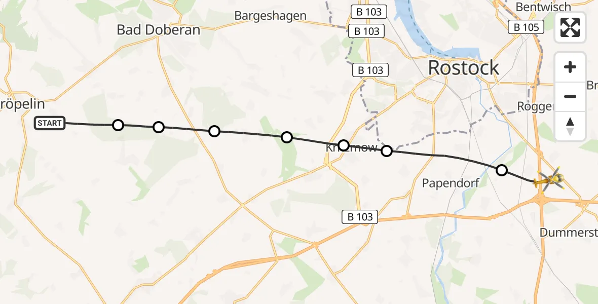 Flugroute Ambulanzhubschrauber Kröpelin - Dummerstorf, 17 Juli 2026, 14:06