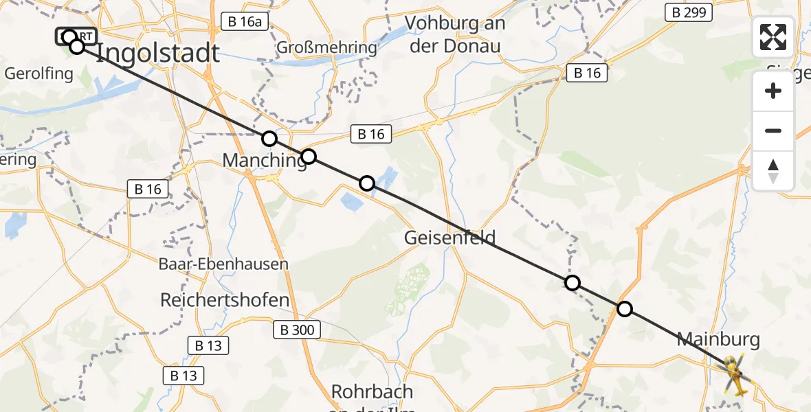 Flugroute Rettungshubschrauber Ingolstadt Hospital - Mainburg, 17 Juli 2026, 14:08