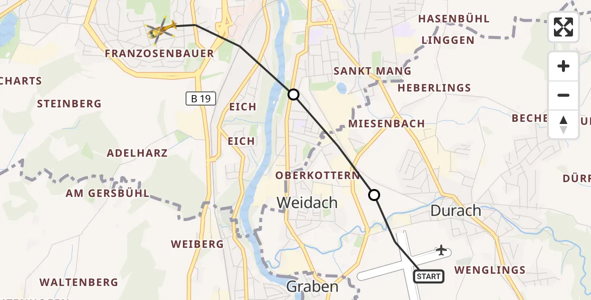 Flugroute Rettungshubschrauber Kempten-Durach Flugplatz - Kempten (Allgäu), 17 Juli 2026, 14:18