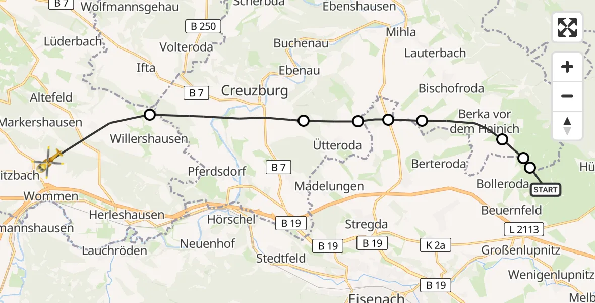 Flugroute Ambulanzhubschrauber Hörselberg-Hainich - Herleshausen, 17 Juli 2026, 14:20