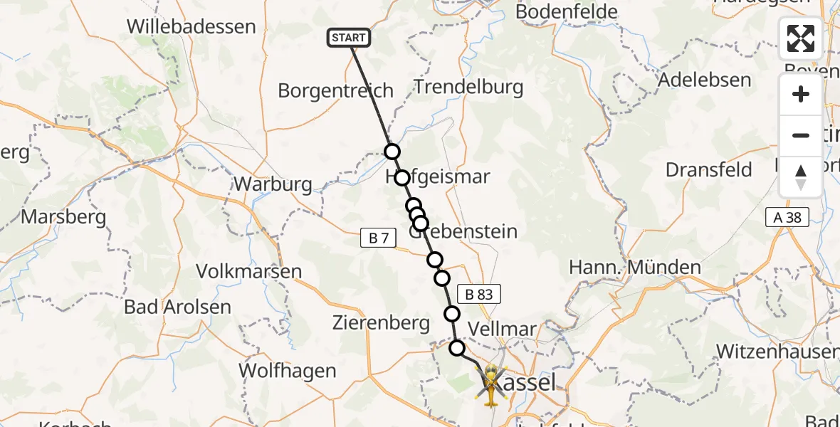 Flugroute Rettungshubschrauber Borgentreich - Kassel, 17 Juli 2026, 14:24