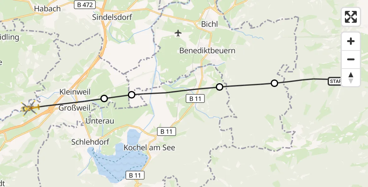 Flugroute Rettungshubschrauber Wackersberg - Großweil, 17 Juli 2026, 14:24