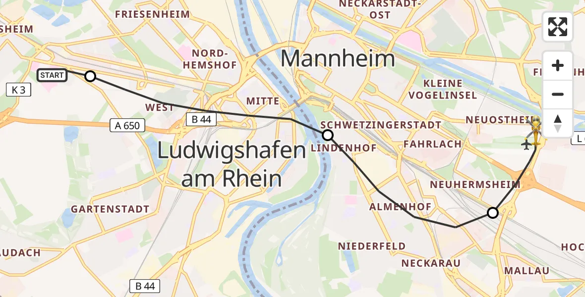 Flugroute Rettungshubschrauber Ludwigshafen Accident Hospital - Mannheim-City Flughafen, 17 Juli 2026, 14:34