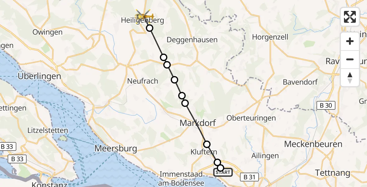 Flugroute Rettungshubschrauber Friedrichshafen Hospital - Heiligenberg, 17 Juli 2026, 14:43