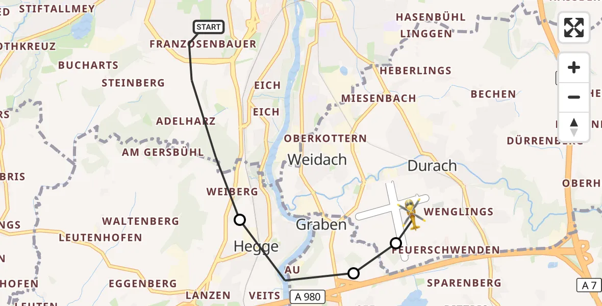 Flugroute Rettungshubschrauber Kempten (Allgäu) - Kempten-Durach Flugplatz, 17 Juli 2026, 14:46