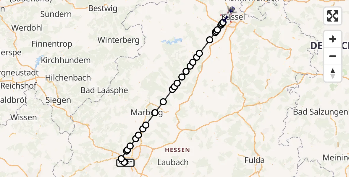 Flugroute Polizeihubschrauber Gießen-Lützellinden Flugplatz - Kassel, 17 Juli 2026, 14:46