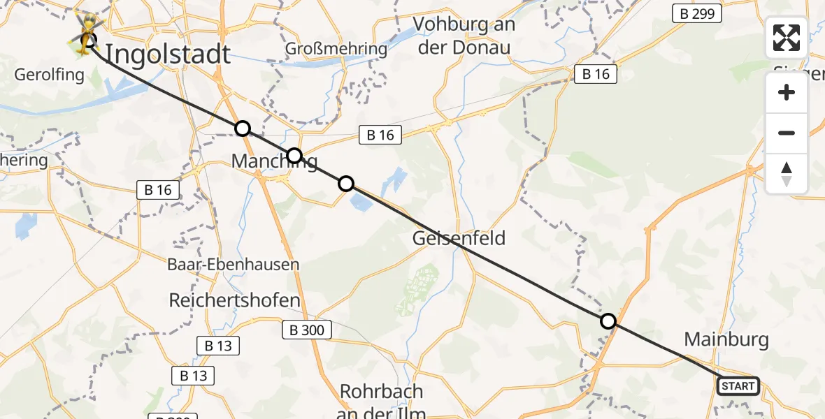 Flugroute Rettungshubschrauber Mainburg - Ingolstadt Hospital, 17 Juli 2026, 14:49