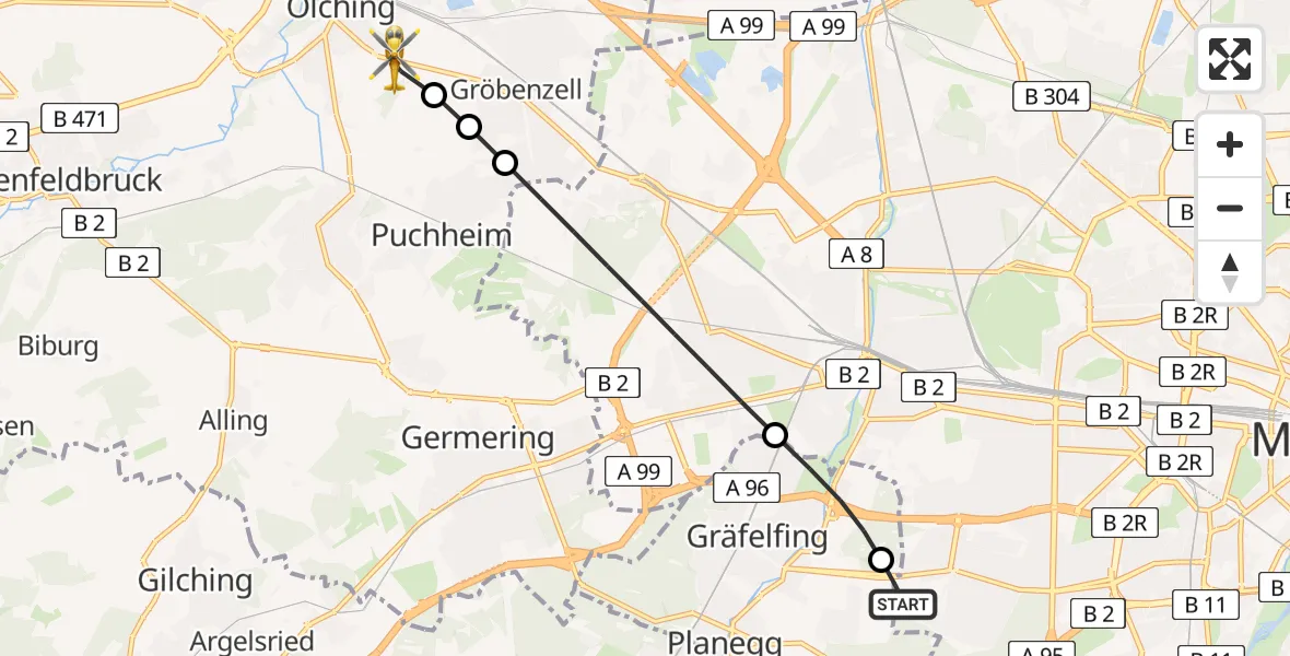 Flugroute Rettungshubschrauber DRF Air Rescue München Hubschrauberlandeplatz - Olching, 17 Juli 2026, 15:00
