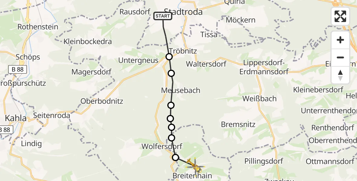 Flugroute Rettungshubschrauber Stadtroda - Neustadt an der Orla, 17 Juli 2026, 15:06