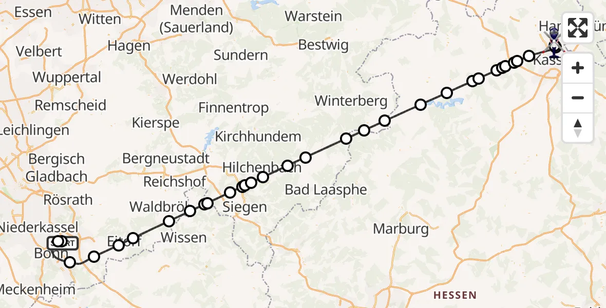 Flugroute Polizeihubschrauber Bonn-Hangelar Flugplatz - Fuldatal Bundespolizei Hubschrauberlandeplatz, 17 Juli 2026, 15:23