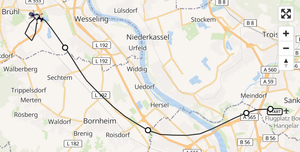 Flugroute Polizeihubschrauber Bonn-Hangelar Flugplatz - Brühl, 17 Juli 2026, 15:25
