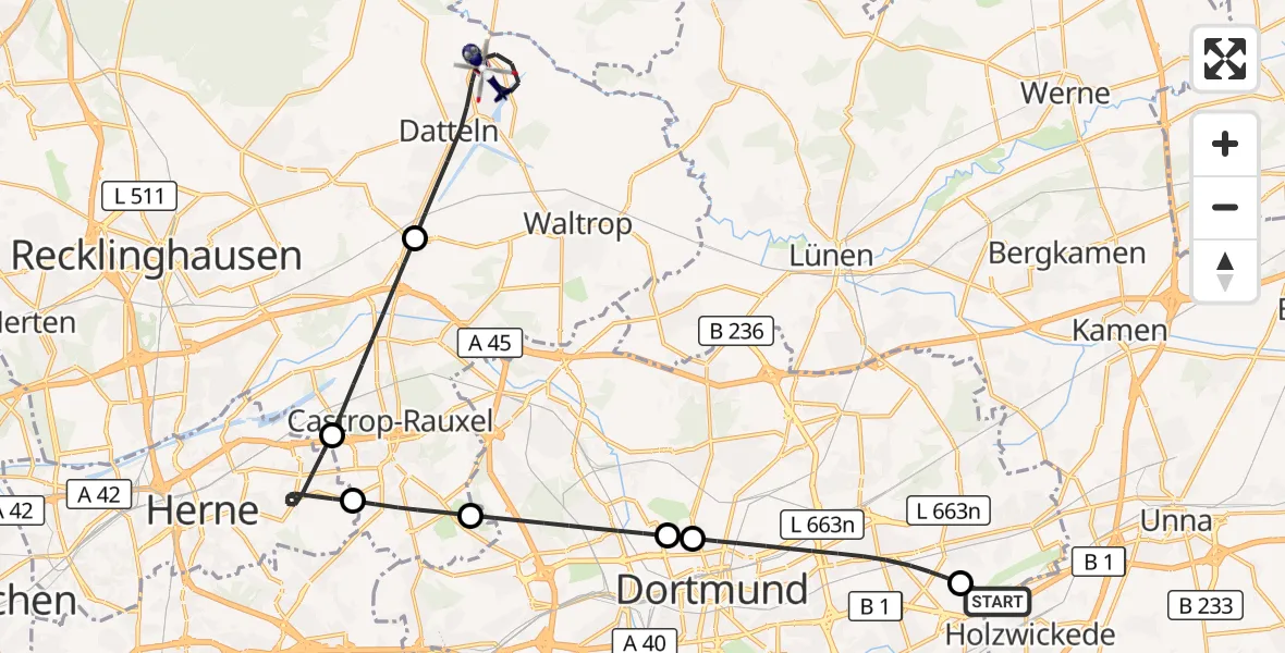 Flugroute Polizeihubschrauber Dortmund Flughafen - Datteln, 17 Juli 2026, 15:34