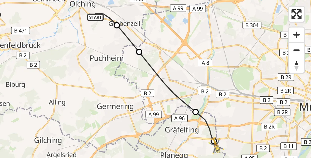 Flugroute Rettungshubschrauber Olching - DRF Air Rescue München Hubschrauberlandeplatz, 17 Juli 2026, 15:39