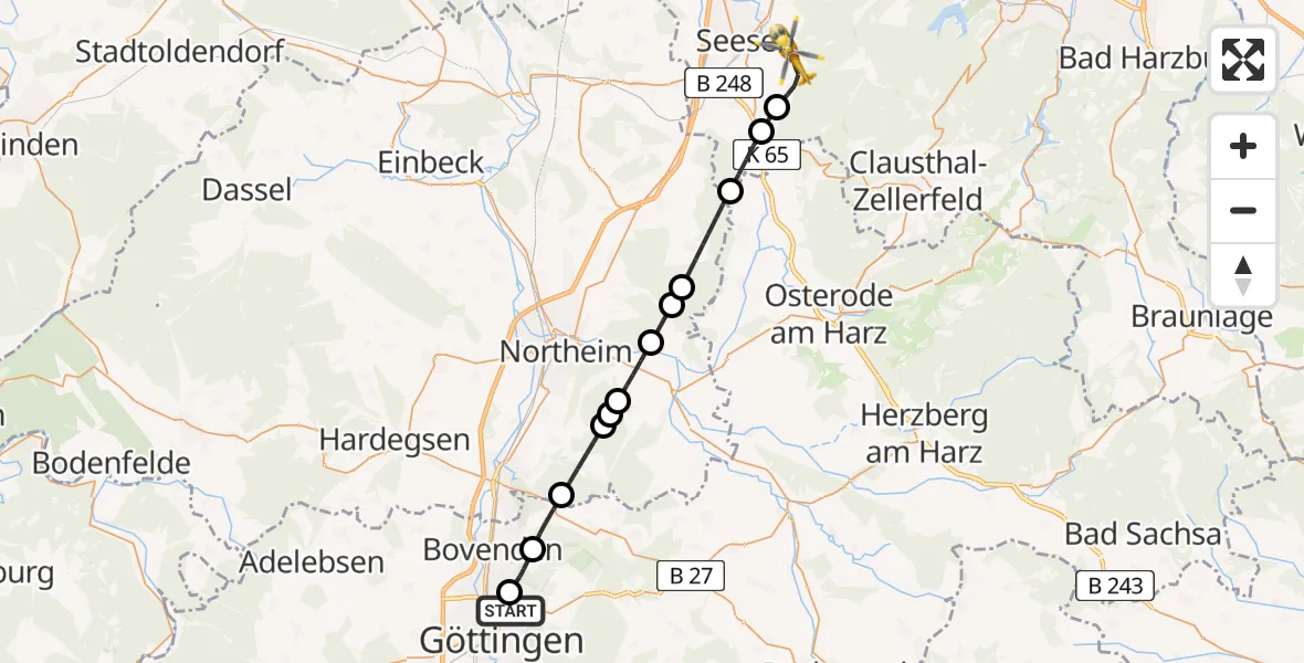 Flugroute Rettungshubschrauber Göttingen University Clinic Hubschrauberlandeplatz - Harz (Landkreis Goslar), 17 Juli 2026, 15:46