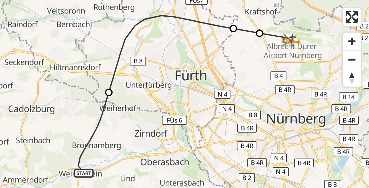 Flugroute Ambulanzhubschrauber Zirndorf - Flughafen Nuremberg, 17 Juli 2026, 15:49