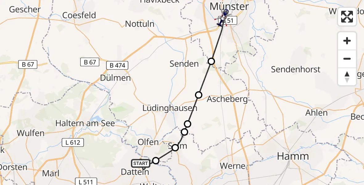 Flugroute Polizeihubschrauber Datteln - Münster, 17 Juli 2026, 15:55