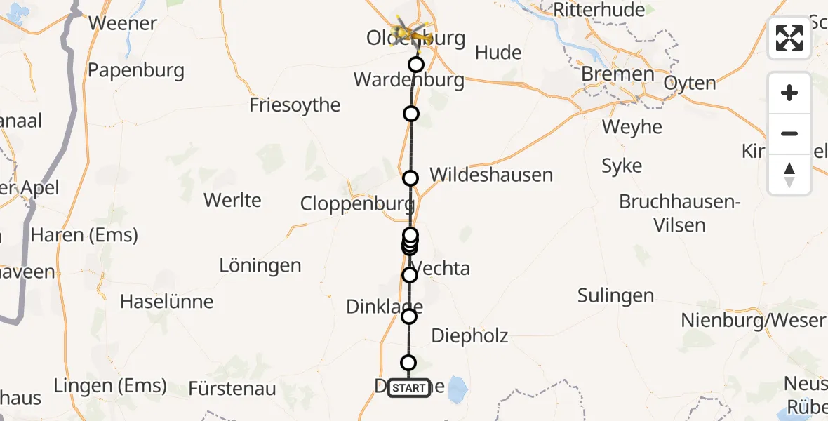 Flugroute Rettungshubschrauber Damme - Oldenburg (Oldb), 17 Juli 2026, 15:58