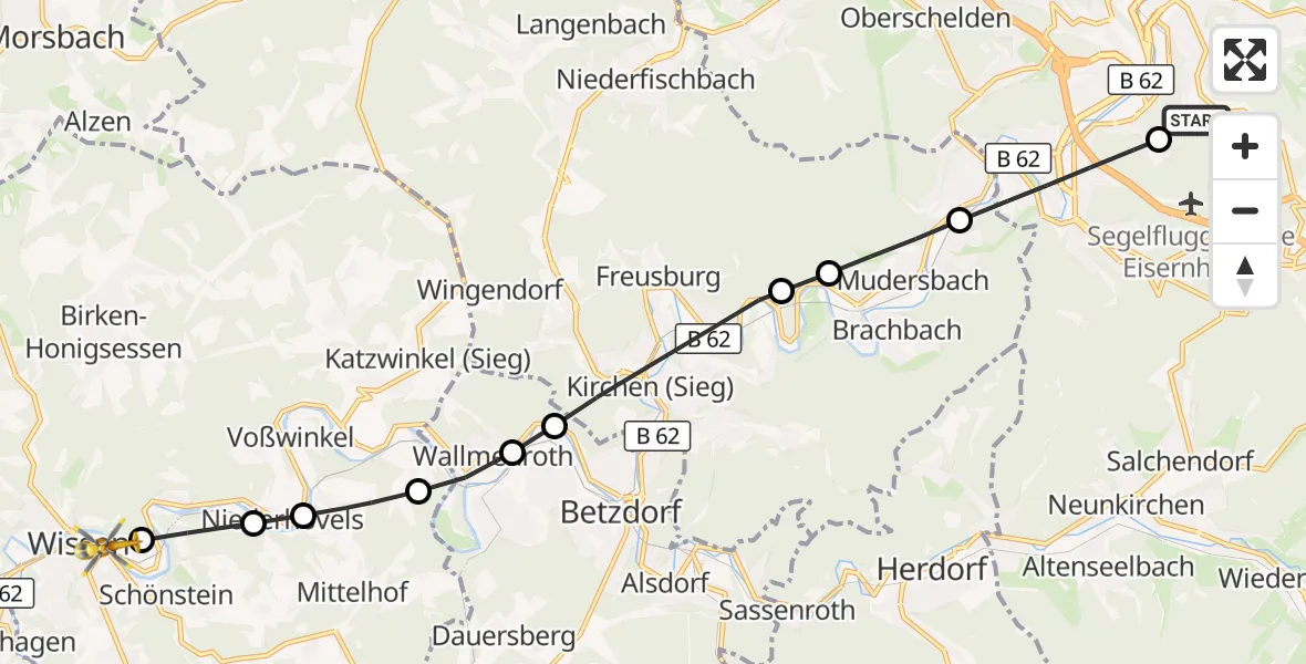 Flugroute Rettungshubschrauber Evangelisches Jung-Stilling Hospital - Wissen, 17 Juli 2026, 16:04