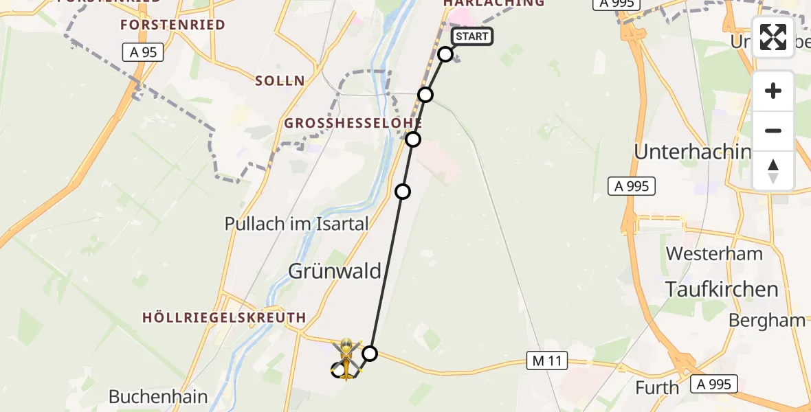 Flugroute Rettungshubschrauber ADAC Air Rescue Center Hubschrauberlandeplatz (Christoph 1) - Grünwald, 17 Juli 2026, 16:05