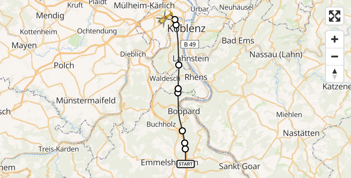 Flugroute Rettungshubschrauber Dörth - Koblenz, 17 Juli 2026, 16:06