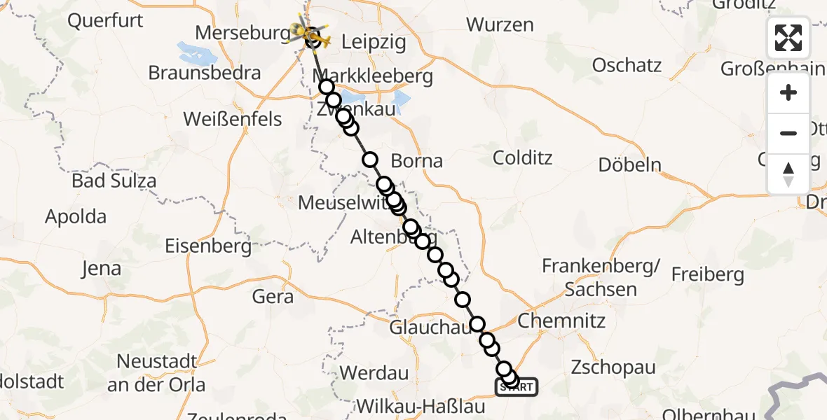 Flugroute Rettungshubschrauber Stollberg/Erzgeb. - ADAC Air Rescue Station Leipzig/Schkeuditz-Dölzig Hubschrauberlandeplatz (Christoph 61), 17 Juli 2026, 16:06