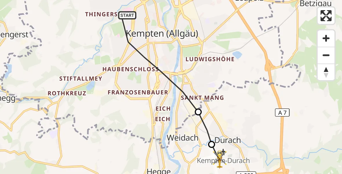Flugroute Rettungshubschrauber Kempten (Allgäu) - Kempten-Durach Flugplatz, 17 Juli 2026, 16:07