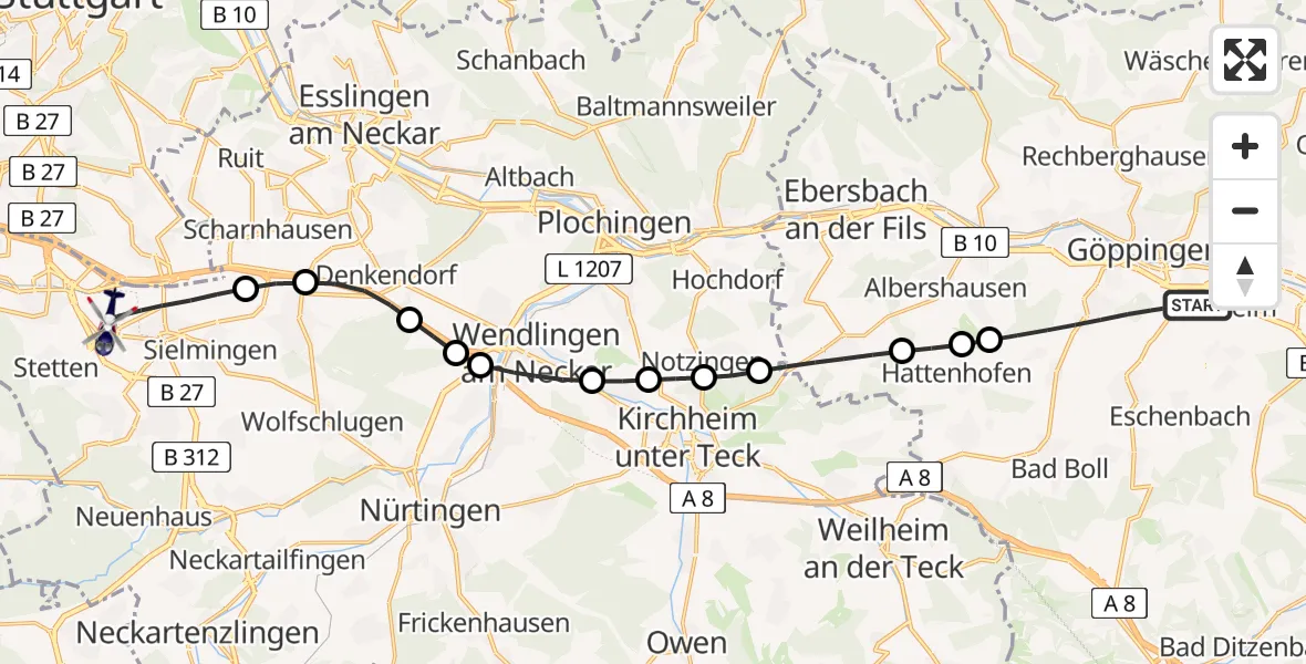 Flugroute Polizeihubschrauber Göppingen - Flughafen Stuttgart, 17 Juli 2026, 16:07