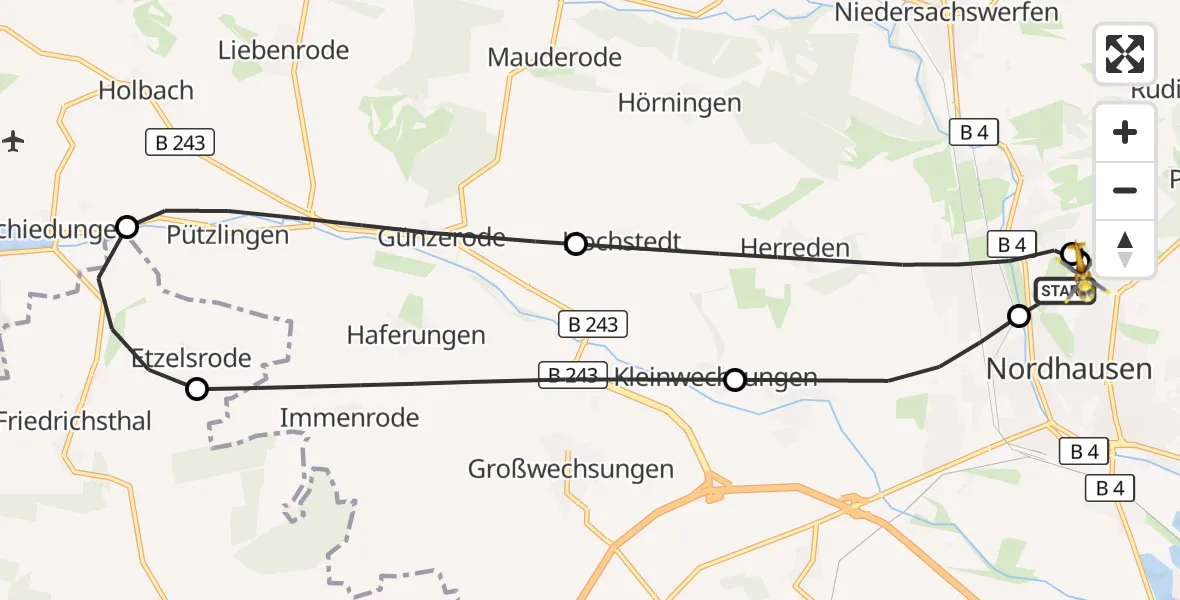 Flugroute Rettungshubschrauber Südharz Hospital Nordhausen - Südharz Hospital Nordhausen, 17 Juli 2026, 16:17