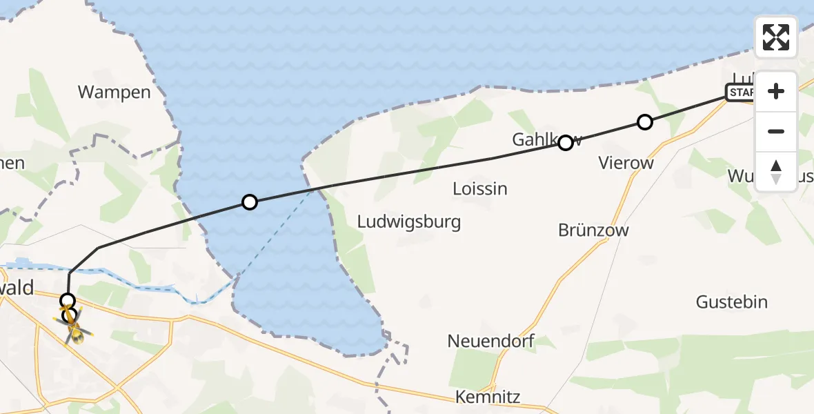 Flugroute Rettungshubschrauber Lubmin - Greifswald Hospital, 17 Juli 2026, 16:19