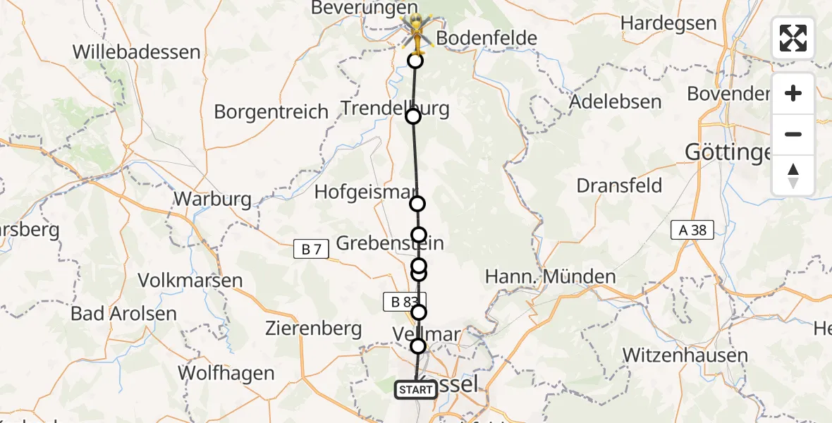 Flugroute Rettungshubschrauber Kassel - Bad Karlshafen, 17 Juli 2026, 16:22