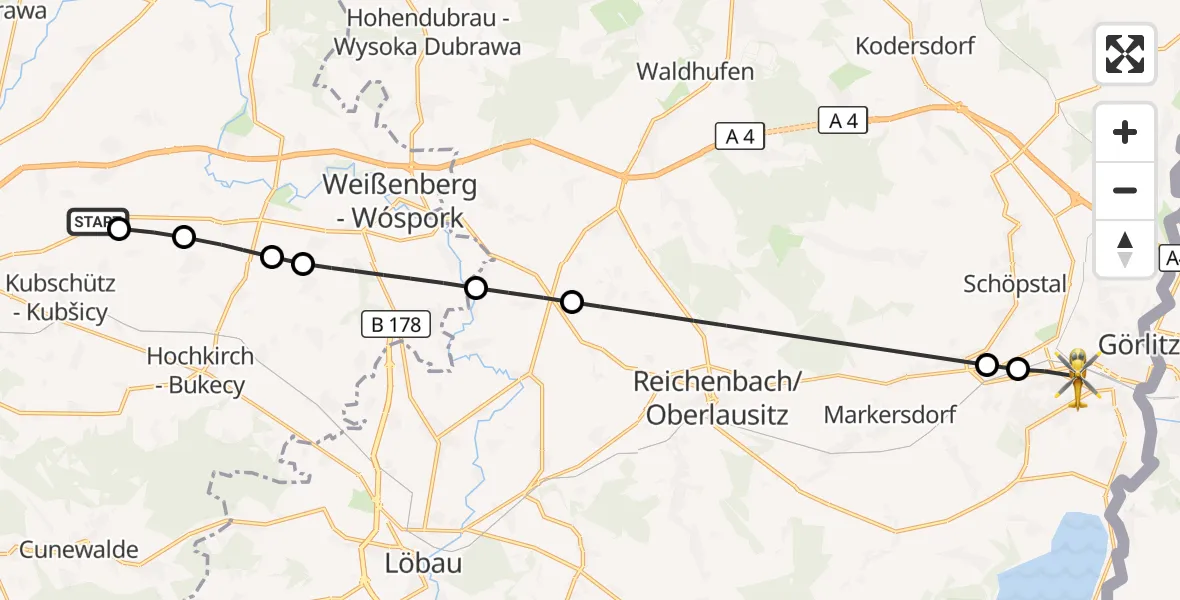 Flugroute Rettungshubschrauber Bautzen Flugplatz - Görlitz, 17 Juli 2026, 16:23