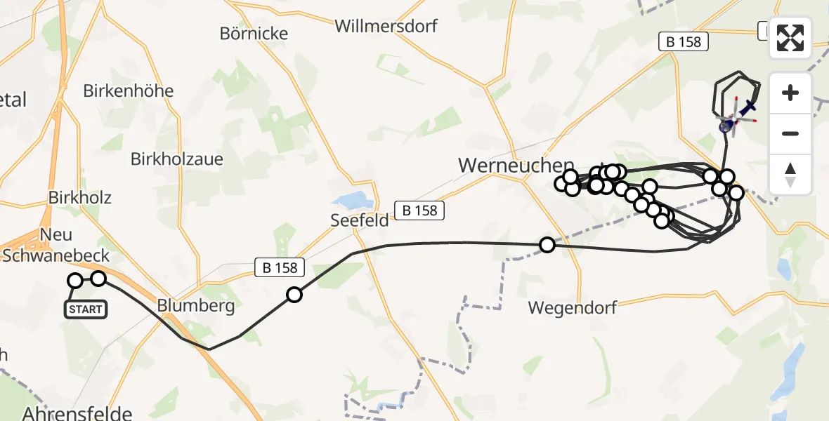 Flugroute Polizeihubschrauber Ahrensfelde Hubschrauberlandeplatz - Werneuchen, 17 Juli 2026, 16:24
