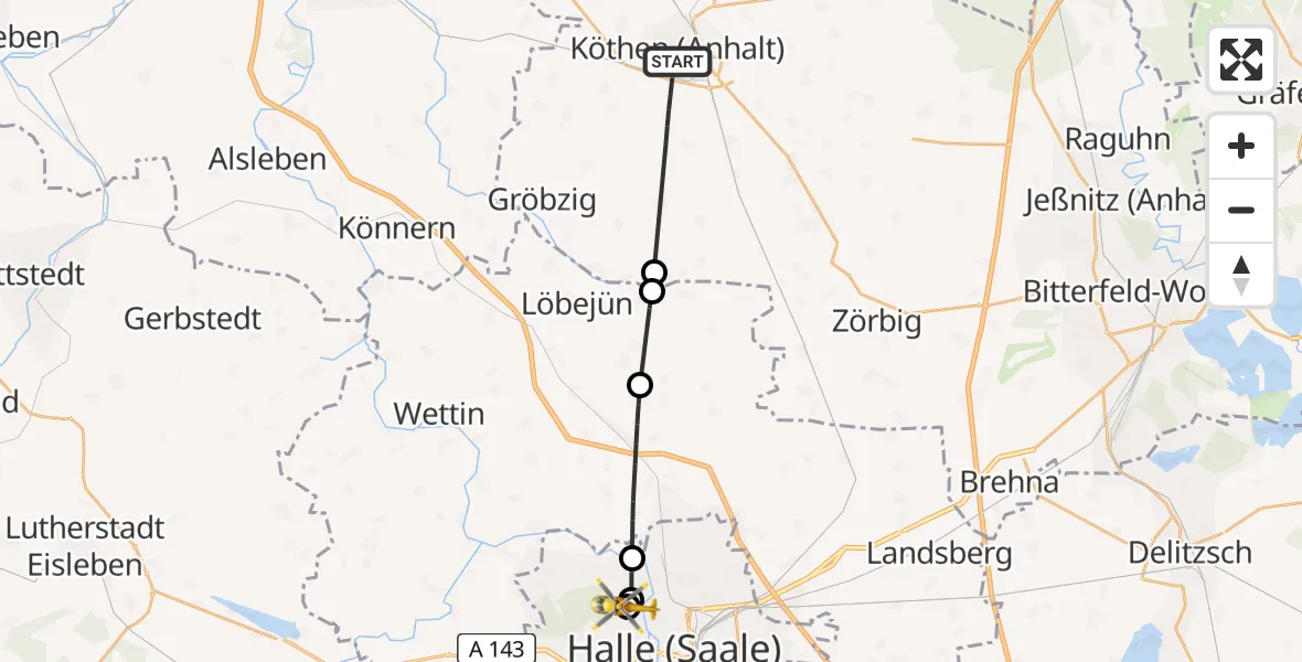 Flugroute Rettungshubschrauber Köthen (Anhalt) - Halle (Saale) University Hospital, 17 Juli 2026, 16:28