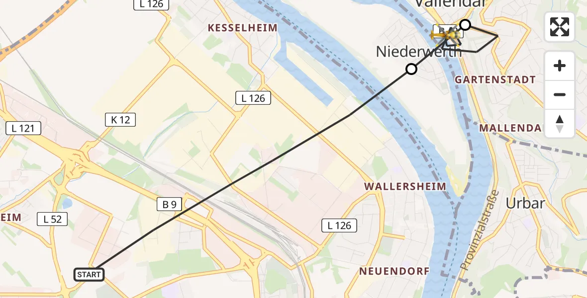 Flugroute Rettungshubschrauber Koblenz - Vallendar, 17 Juli 2026, 16:40