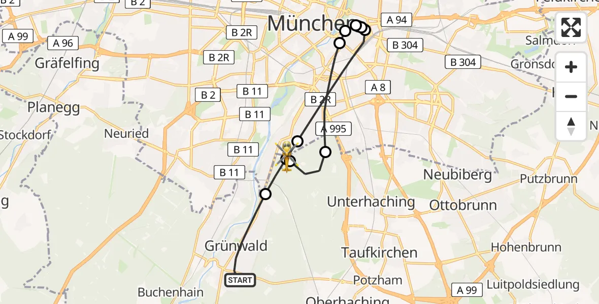 Flugroute Rettungshubschrauber Grünwald - ADAC Air Rescue Center Hubschrauberlandeplatz (Christoph 1), 17 Juli 2026, 16:42