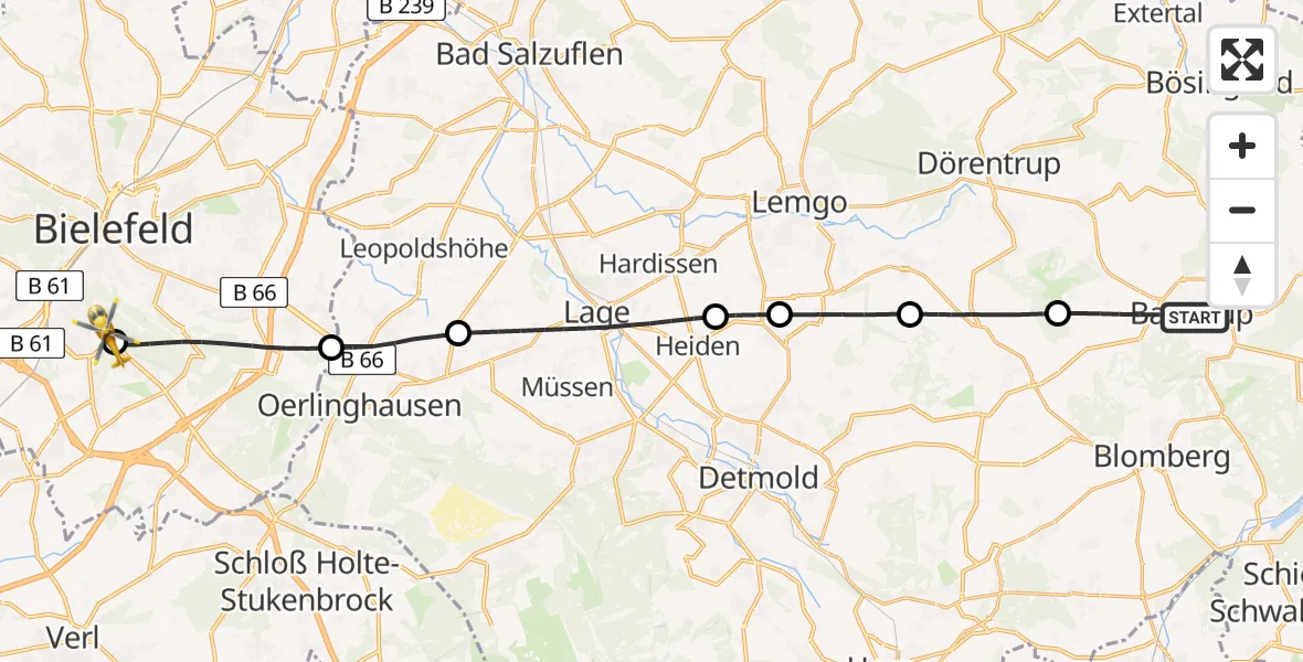 Flugroute Rettungshubschrauber Barntrup - Luftrettungszentrum Bielefeld, 17 Juli 2026, 16:42