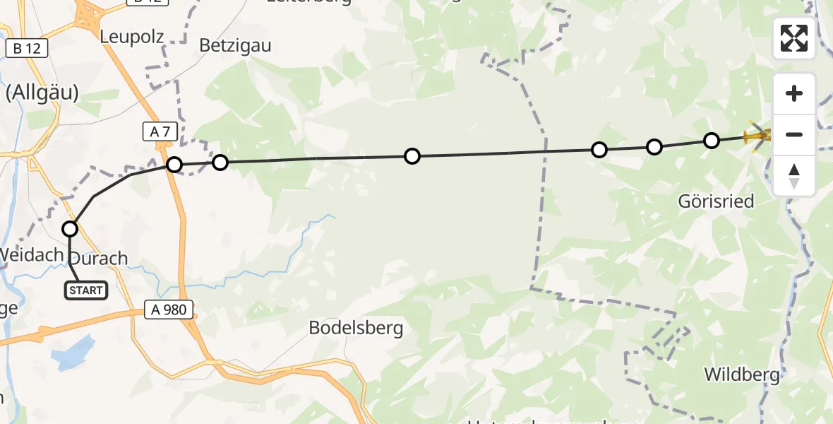 Flugroute Rettungshubschrauber Kempten-Durach Flugplatz - Unterthingau, 17 Juli 2026, 16:43