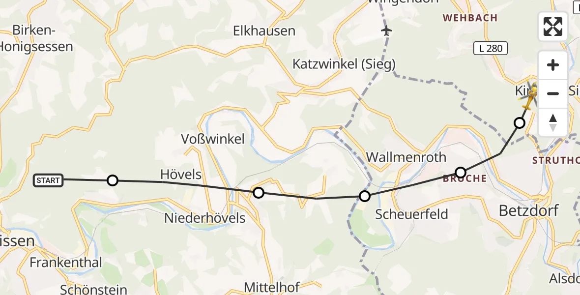 Flugroute Rettungshubschrauber Wissen - Kirchen (Sieg), 17 Juli 2026, 16:43