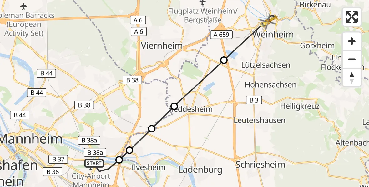 Flugroute Rettungshubschrauber Mannheim-City Flughafen - Weinheim, 17 Juli 2026, 16:45